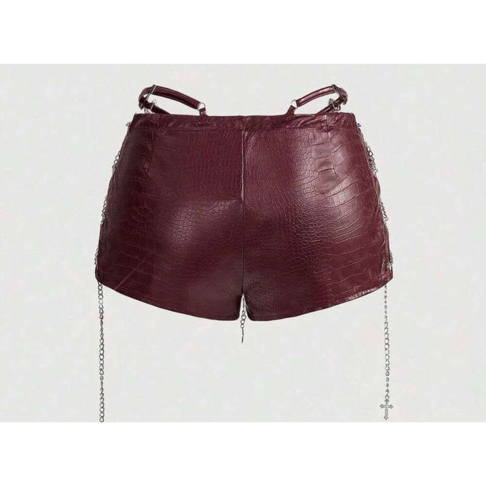 ROMWE Burgundy Faux Leather Rave Set Chain Lace‑Up Halter Top & Shorts Size S - Picture 5 of 8